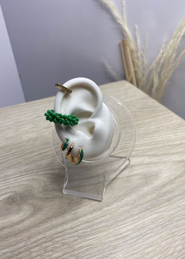 Diseño de candongas, earcuff y pircing, verde, oro rosa, covergold 