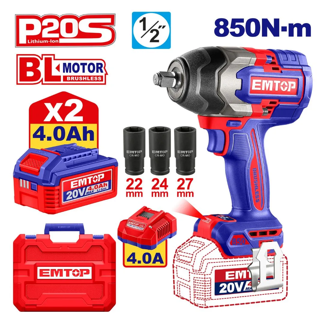 EMTOP LLAVE DE IMPACTO 850Nm 1/2 BL INALAM 20V + 2BAT 2.0Ah+CARGADOR+3 COPAS
