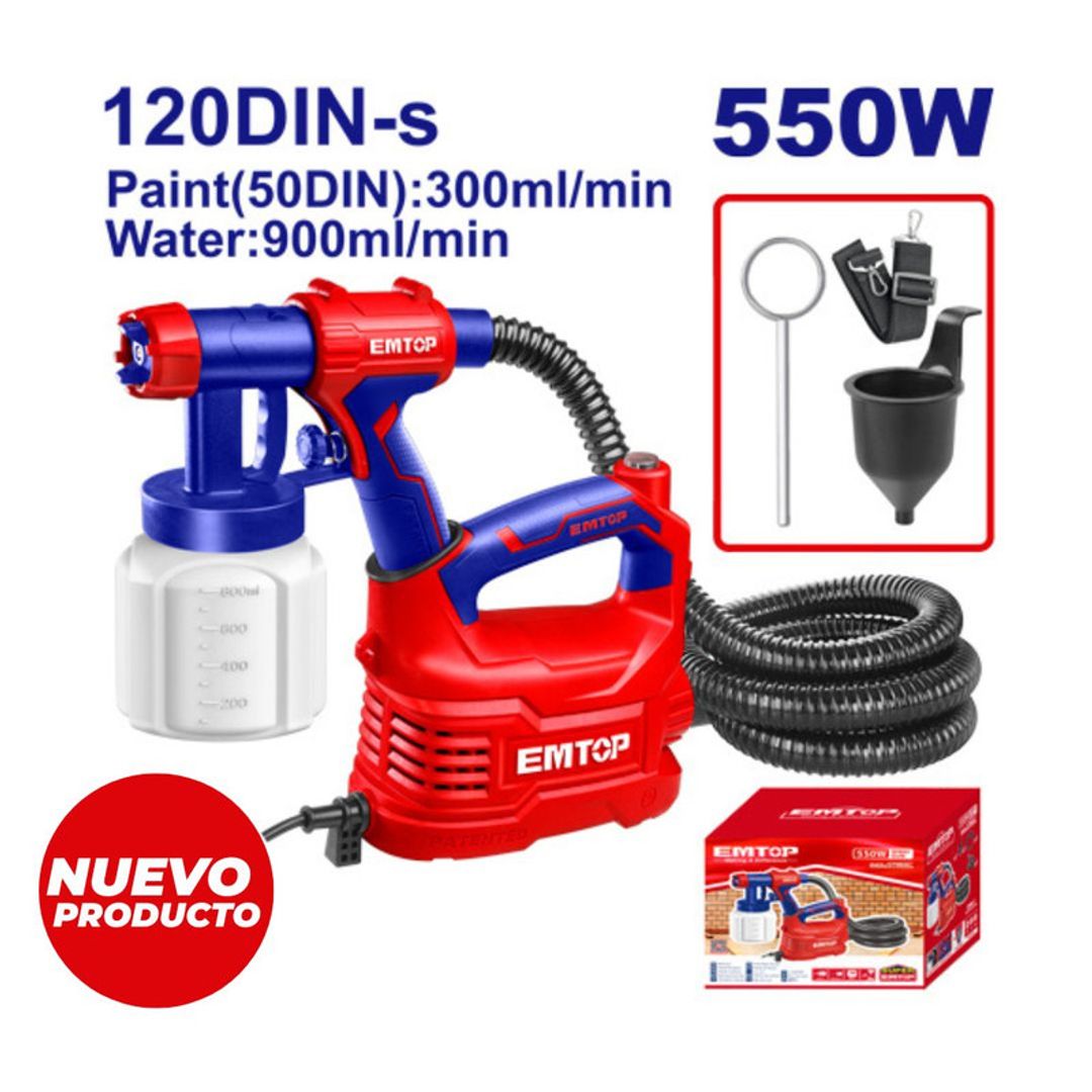 EMTOP PISTOLA PARA PINTAR 550W/120V CAP 850ML COMPRESOR INDEPENDIENTE+ACCESORIOS