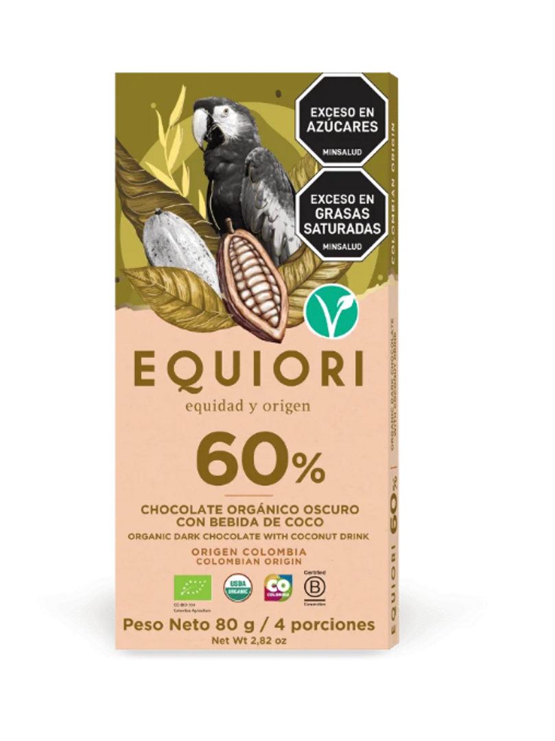 EQUIORI CHOCOLATE ORGANICO OSCURO CON BEBIDA DE COCO AL 60%