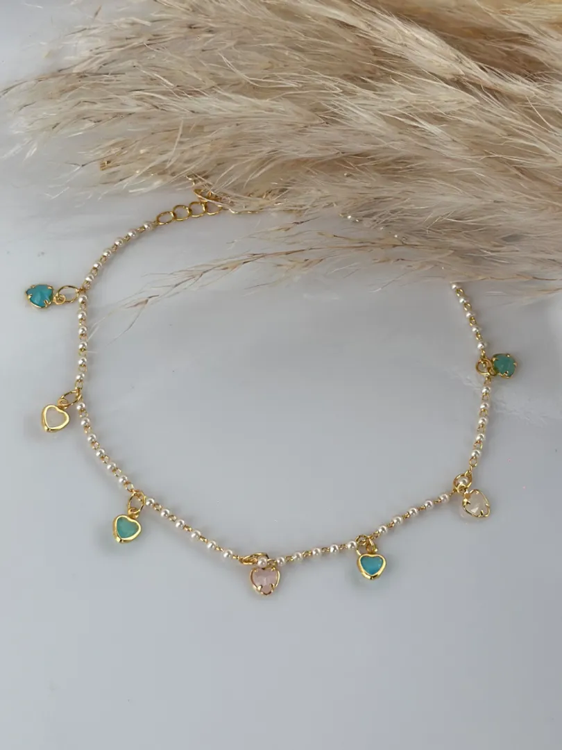 Tobillera perla corazones 