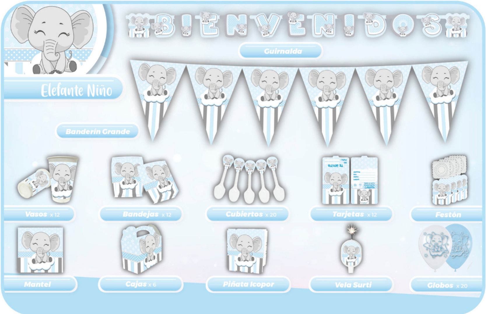 DECORACIÓN ELEFANTE BABY SHOWER AZUL