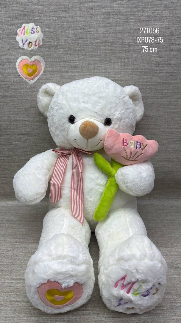 OSO BLANCO CON FLOR BORDADA BABY DE 75 CM 