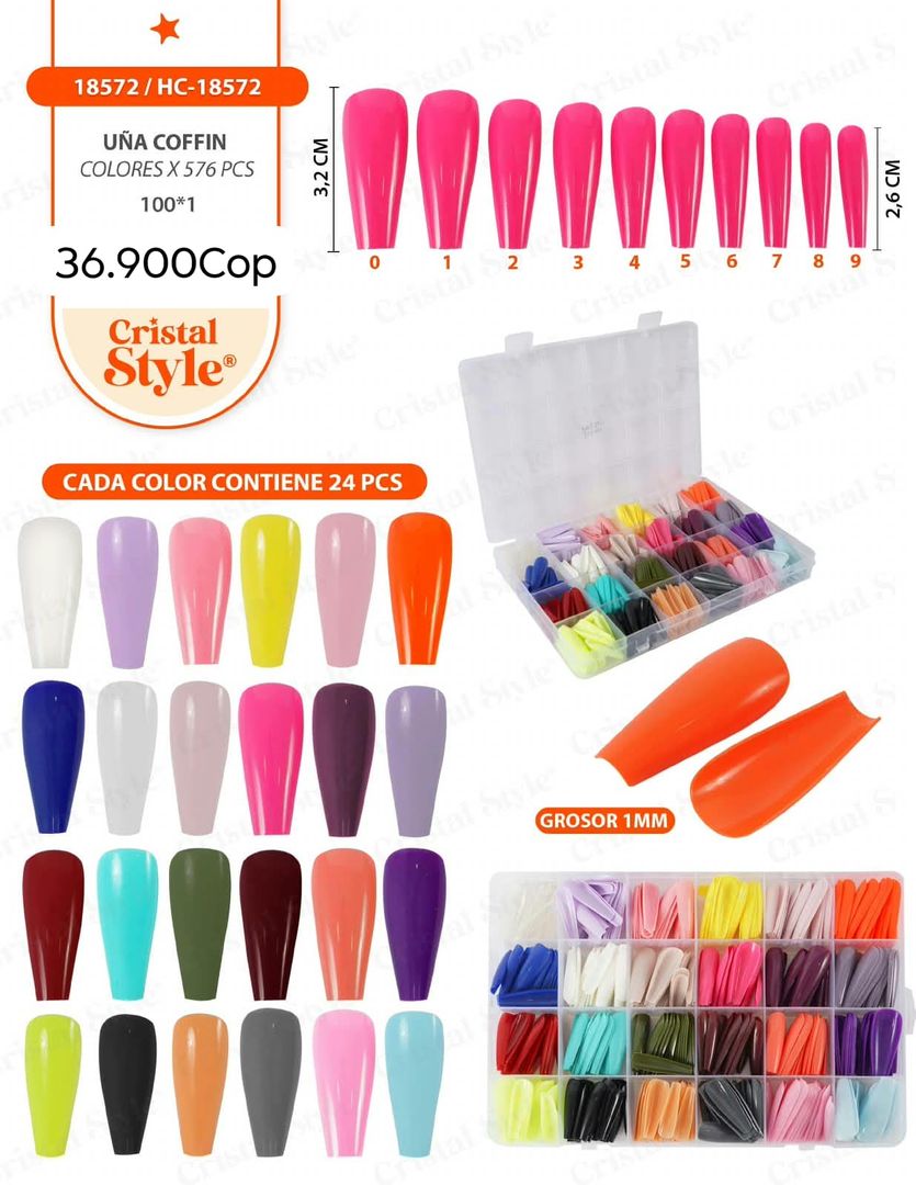 Uñas Press On Coffin Multicolor × 576Pcs