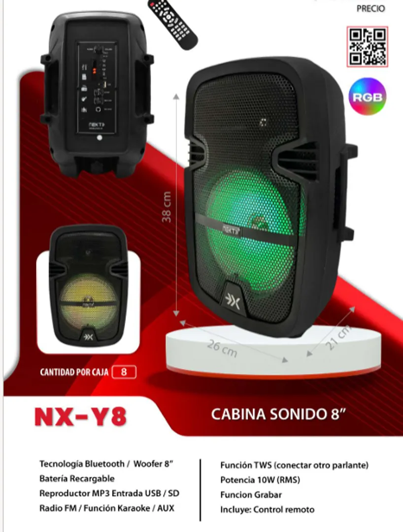 CABINA PARLANTE RECARGABLE 8 PULGADAS LUCES LED NX-Y8