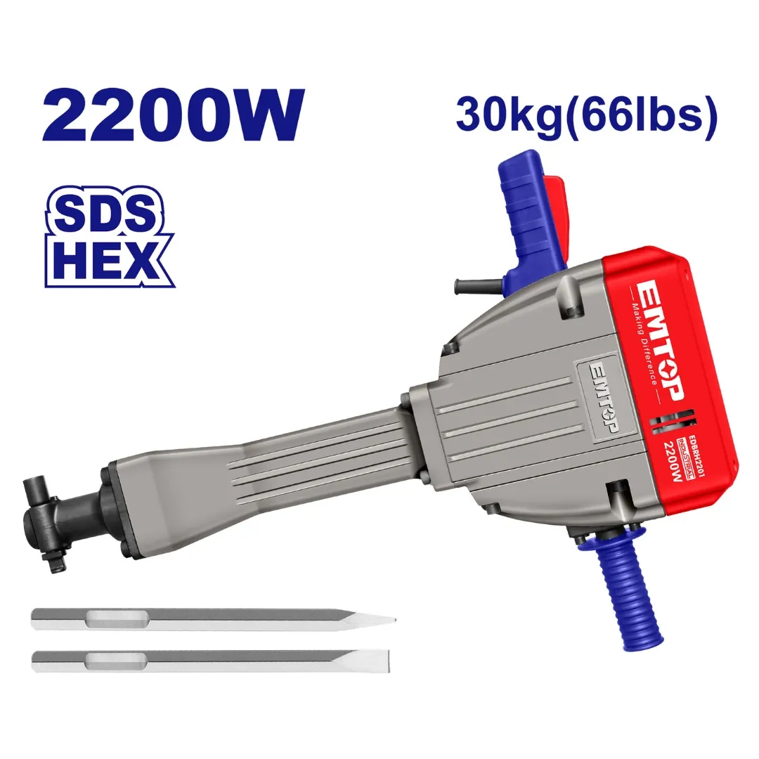 EMTOP DEMOLEDOR 2200W/120V CAP 75J SDS HEX+2 CINCELES PUNTA/PALA