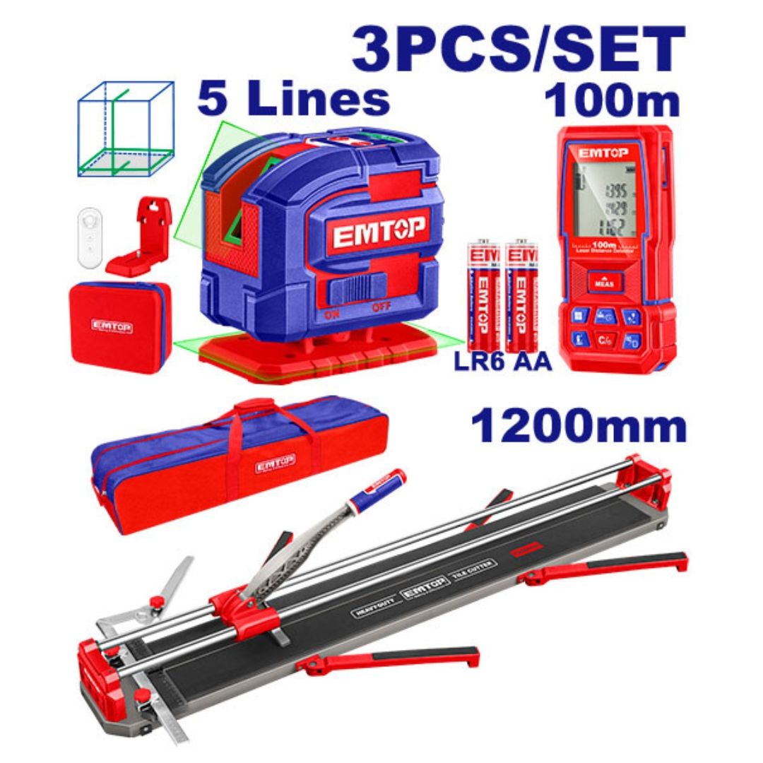 EMTOP COMBO 3PC CORTABALDOSA 1200+NIVEL LASER 5LINEAS+MEDIDOR DISTANCIA 100MTS