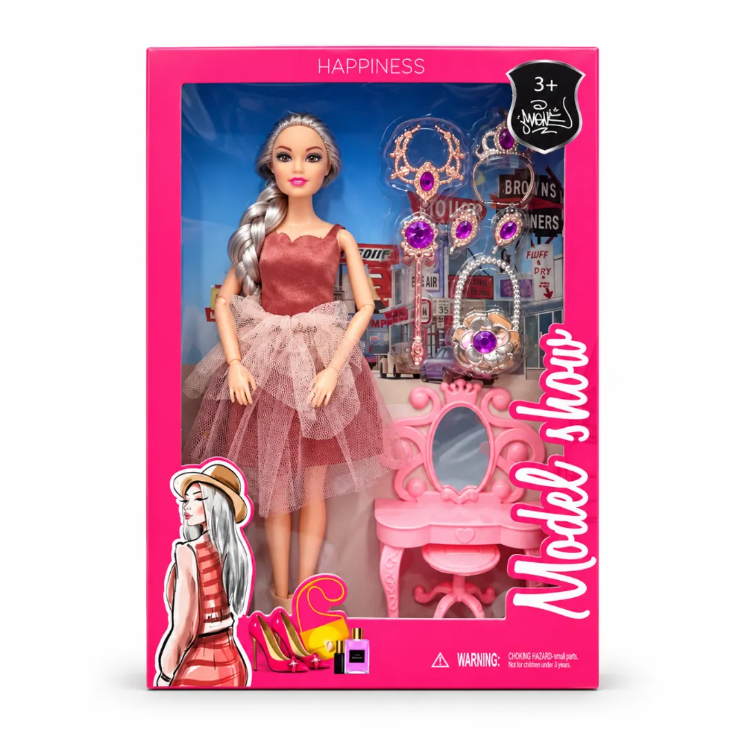 MUÑECA MODEL CON ACCESORIOS Y TOCADOR
