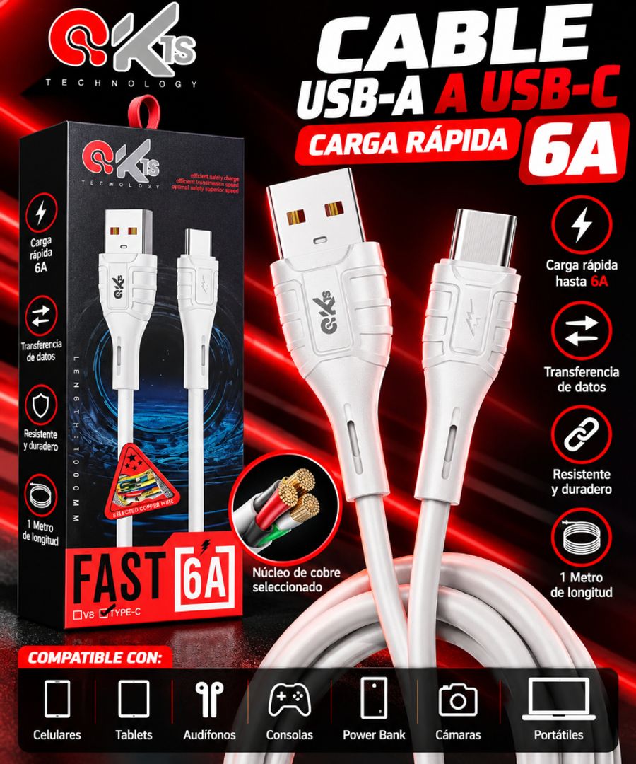 CABLE SK1S TIPO C A USB-A 6A – CARGA RÁPIDA