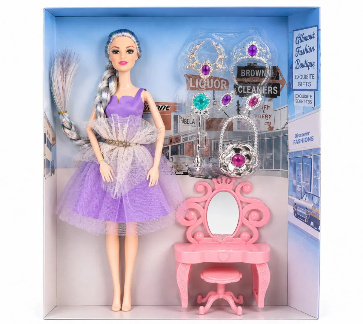 MUÑECA MODEL CON ACCESORIOS Y TOCADOR