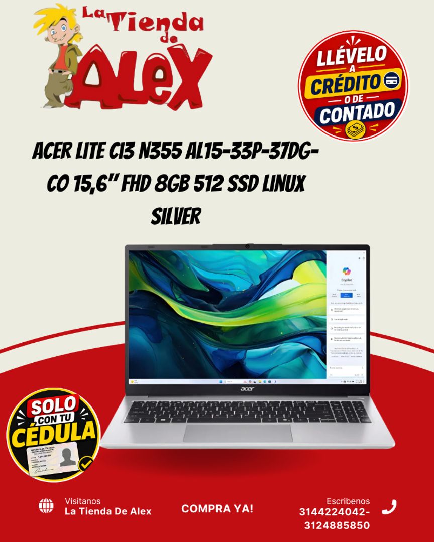 Acer Lite Ci3 N355 AL15-33P-37DG-CO 15,6" FHD 8GB 512 SSD Linux Silver