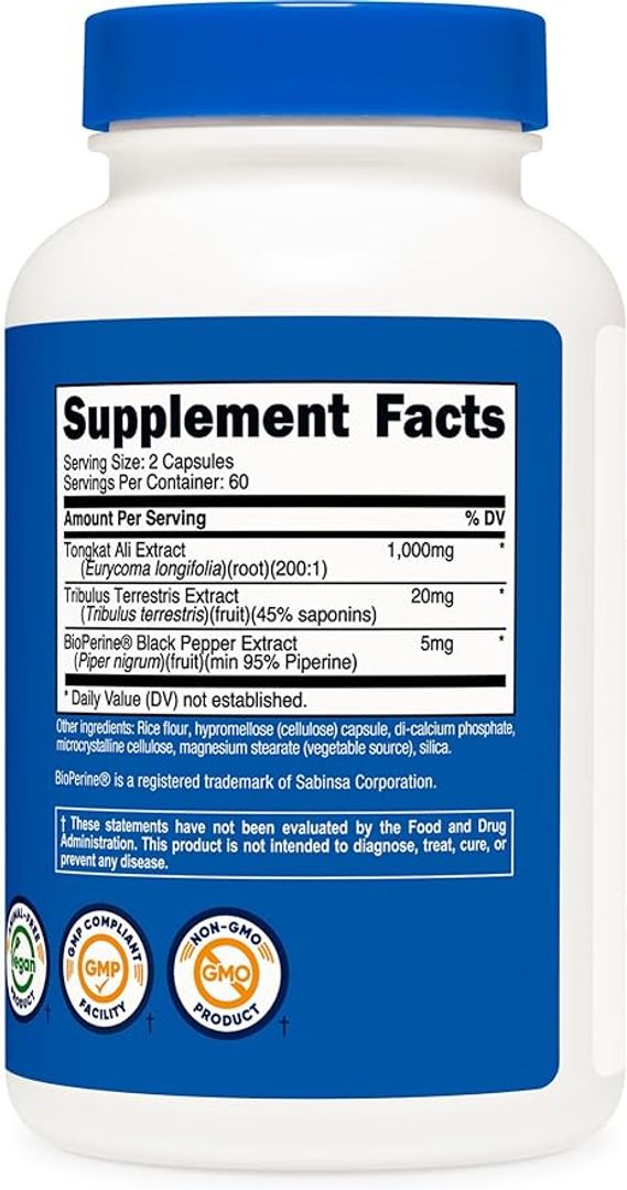 Tongkat Ali 1000 mg 120 cap con Tribulus Terrestris y BioPerine Nutricost 