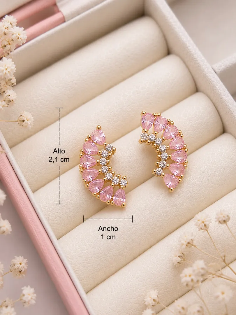 Aretes Curva Rosa en Rodio Dorado