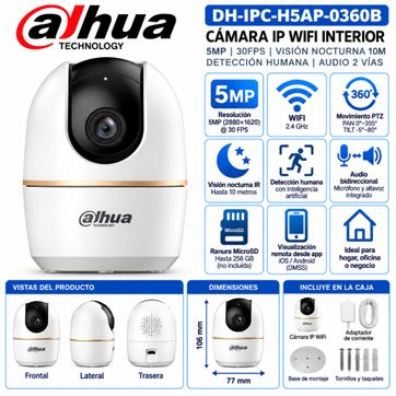 Imagen del producto Cámara Dahua IP WiFi 5MP – DH-IPC-H5AP-0360B