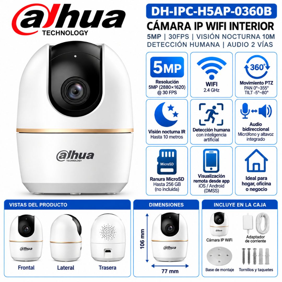 Cámara Dahua IP WiFi 5MP – DH-IPC-H5AP-0360B