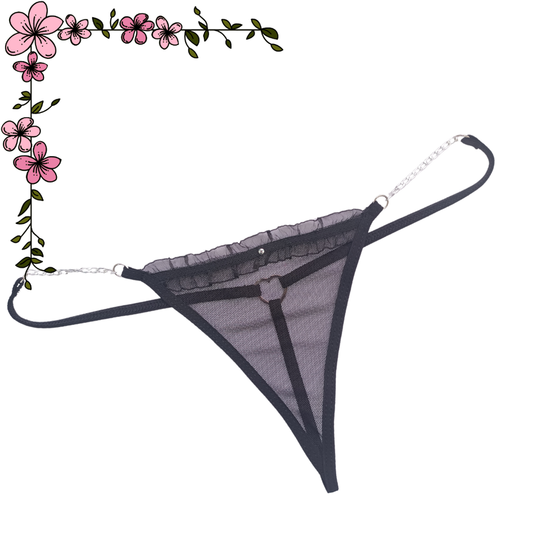Tanga hilo en mallatex, encaje y cadena lateral 