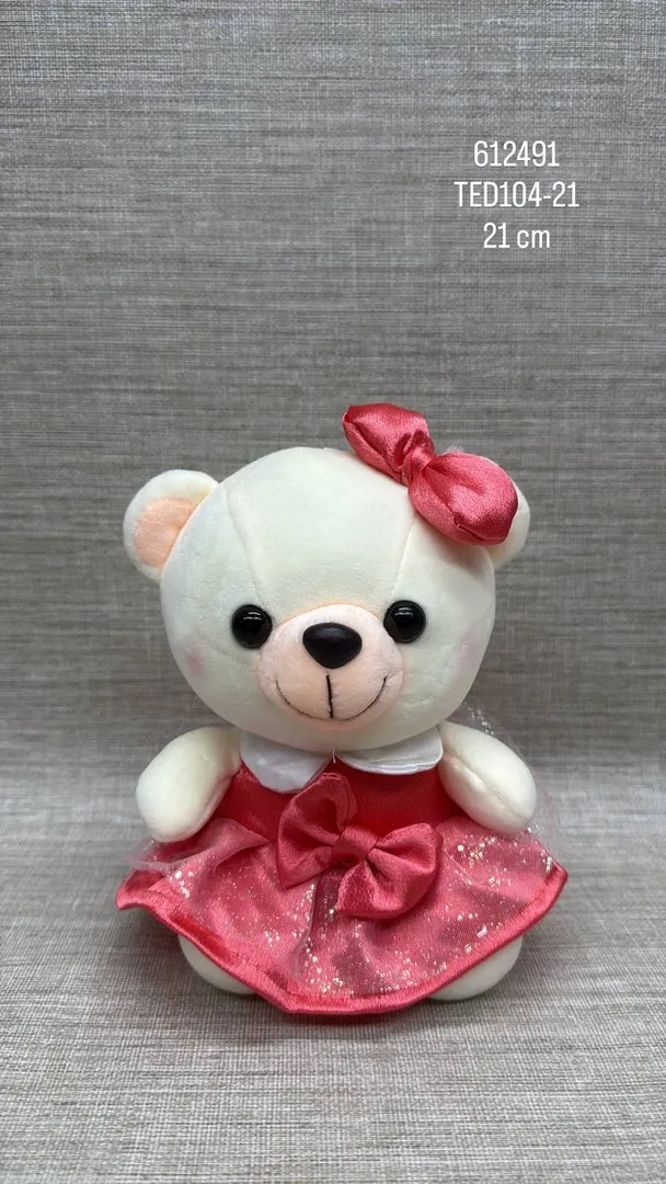 Osita con vestido rosa y moño  de 21  cm 