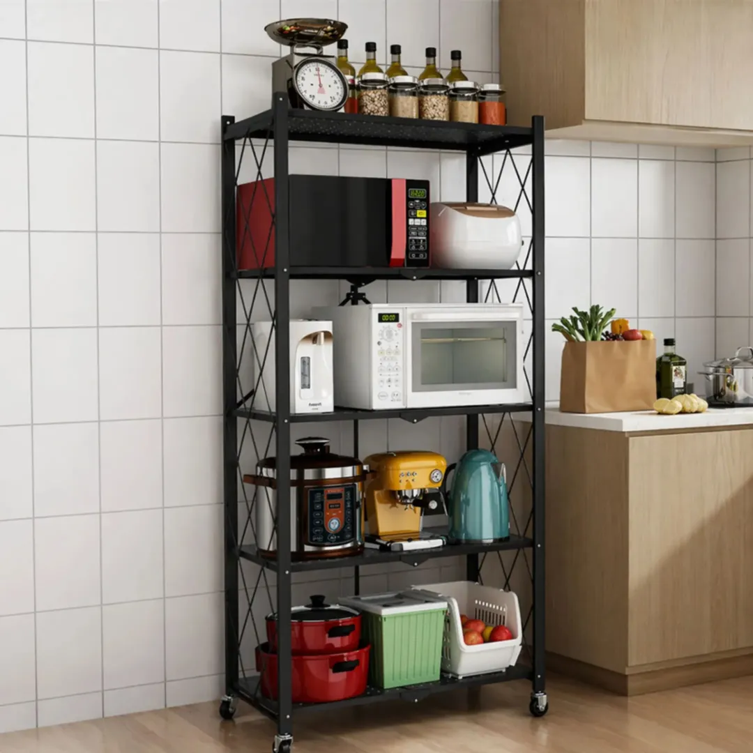 ORGANIZADOR ESTANTERIA METALICO 5 NIVELES PLEGABLE CON RUEDAS 158x70x34CM