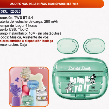 Imagen del producto AUDÍFONOS PARA NIÑOS TRANSPARENTES Yx16
