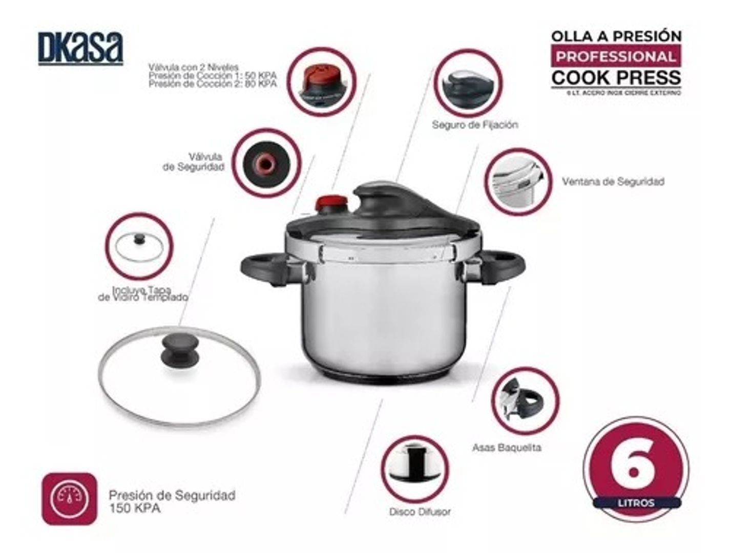 Olla A Presión Profesional Acero Inoxidable 6 Litros Dkasa