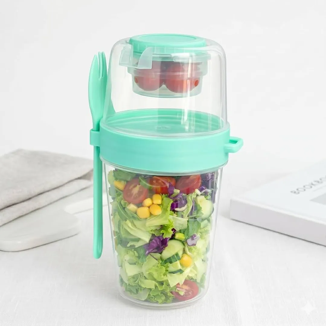 VASO DE CEREAL RECIPIENTE DOBLE TAPA CON CUCHARA