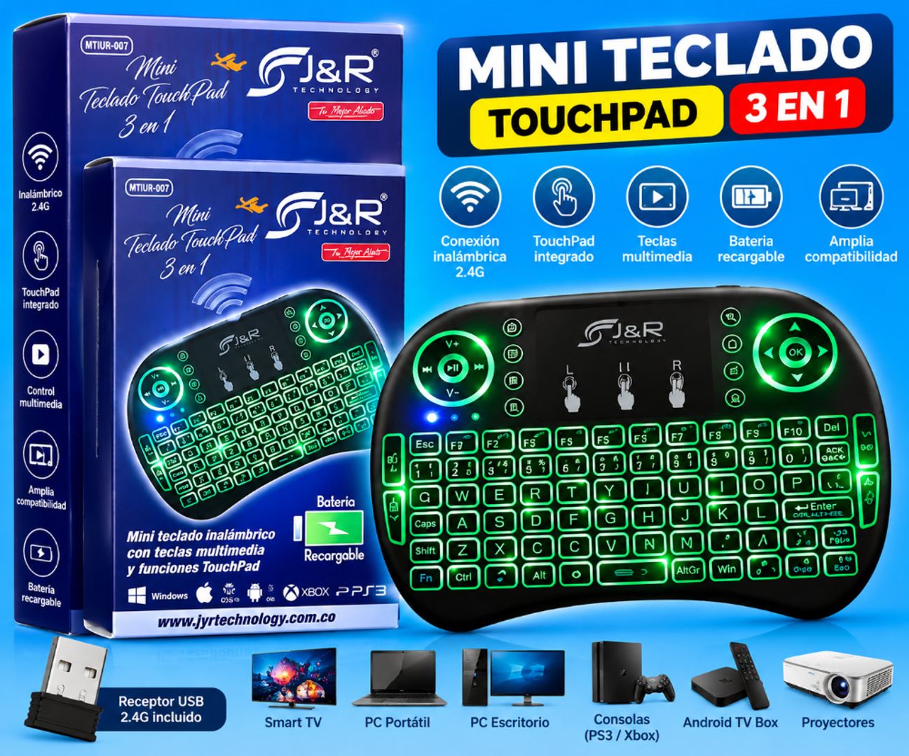 Mini Teclado Inalámbrico 3 en 1 con TouchPad J&R MTIUR-007:
