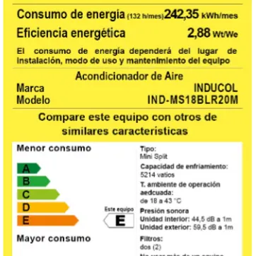 SPLIT INDUCOL 18000 BTU A 220V - imagen 3