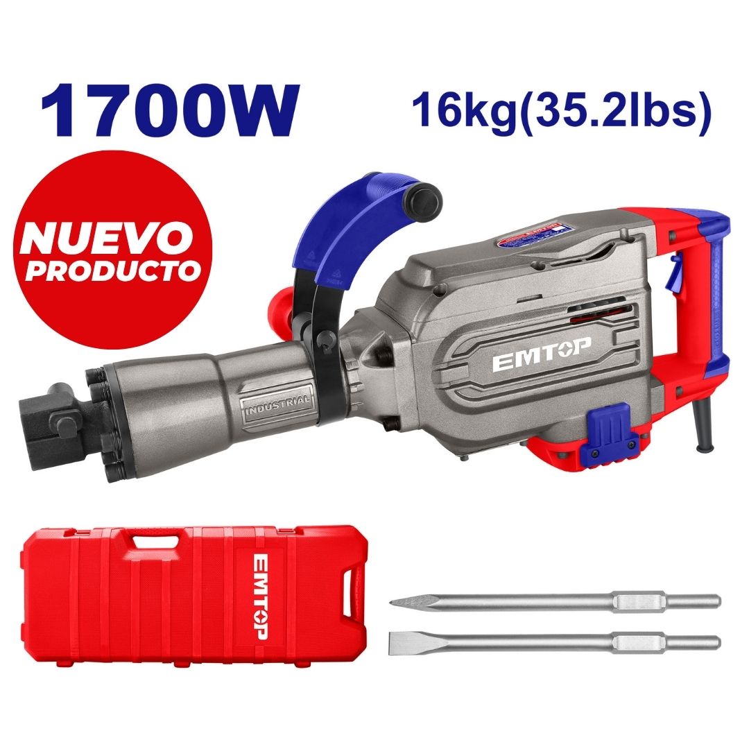 EMTOP DEMOLEDOR 1700W/120V CUERPO METAL CAP 45J SDS HEX+2 CINCELES PUNTA/PALA