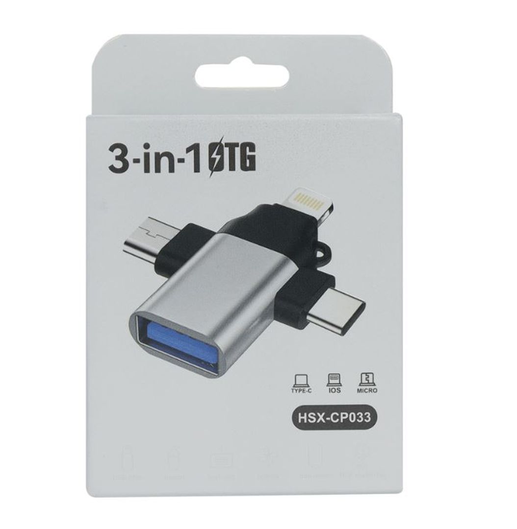Mini OTG 3 en 1 Tipo C, V8, Lightning