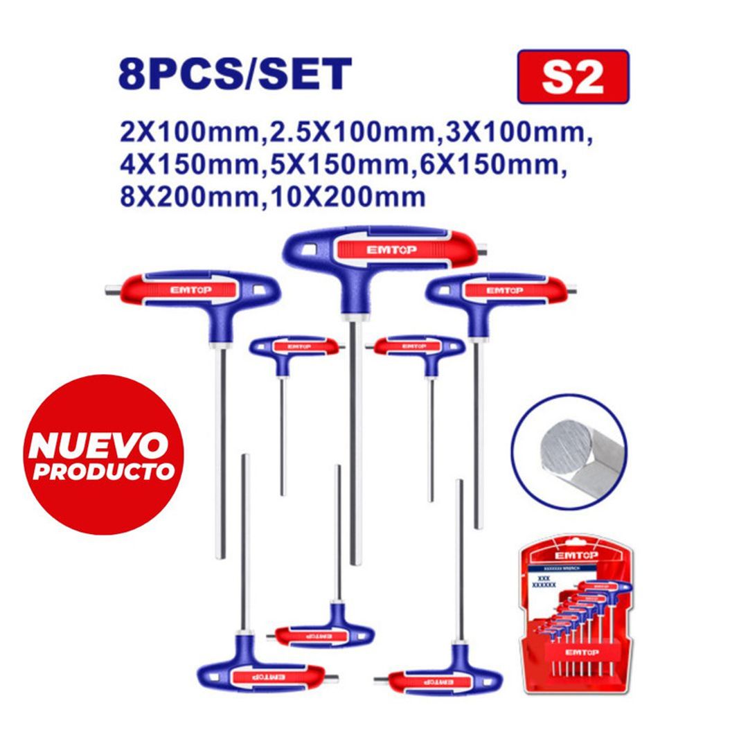 EMTOP LLAVE HEXAGONAL MANGO EN T 8PCS ENCAUCHETADO SUPER EMTOP
