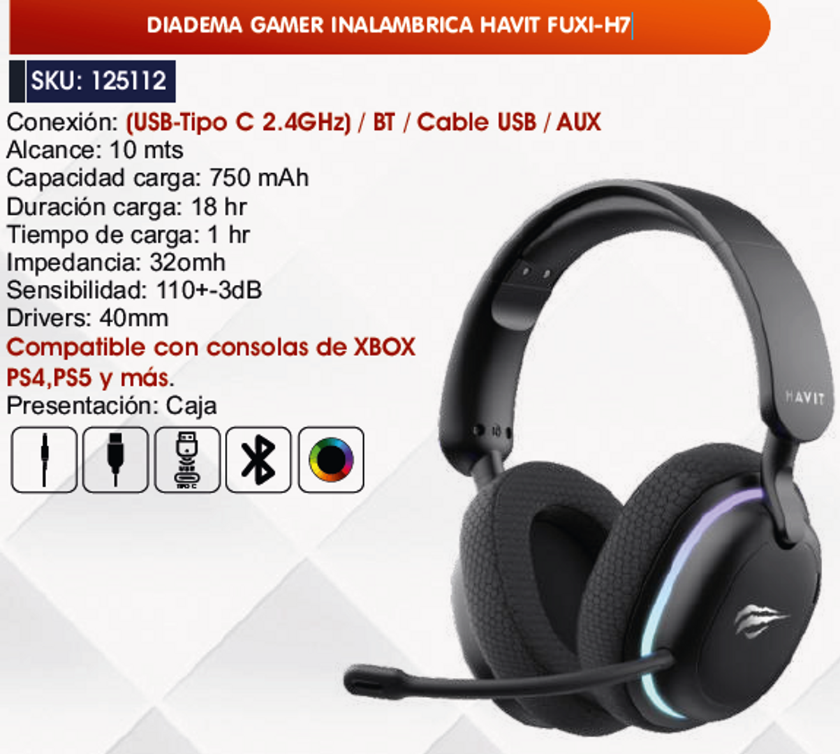 DIADEMA GAMER INALAMBRICA HAVIT FUXI-H7