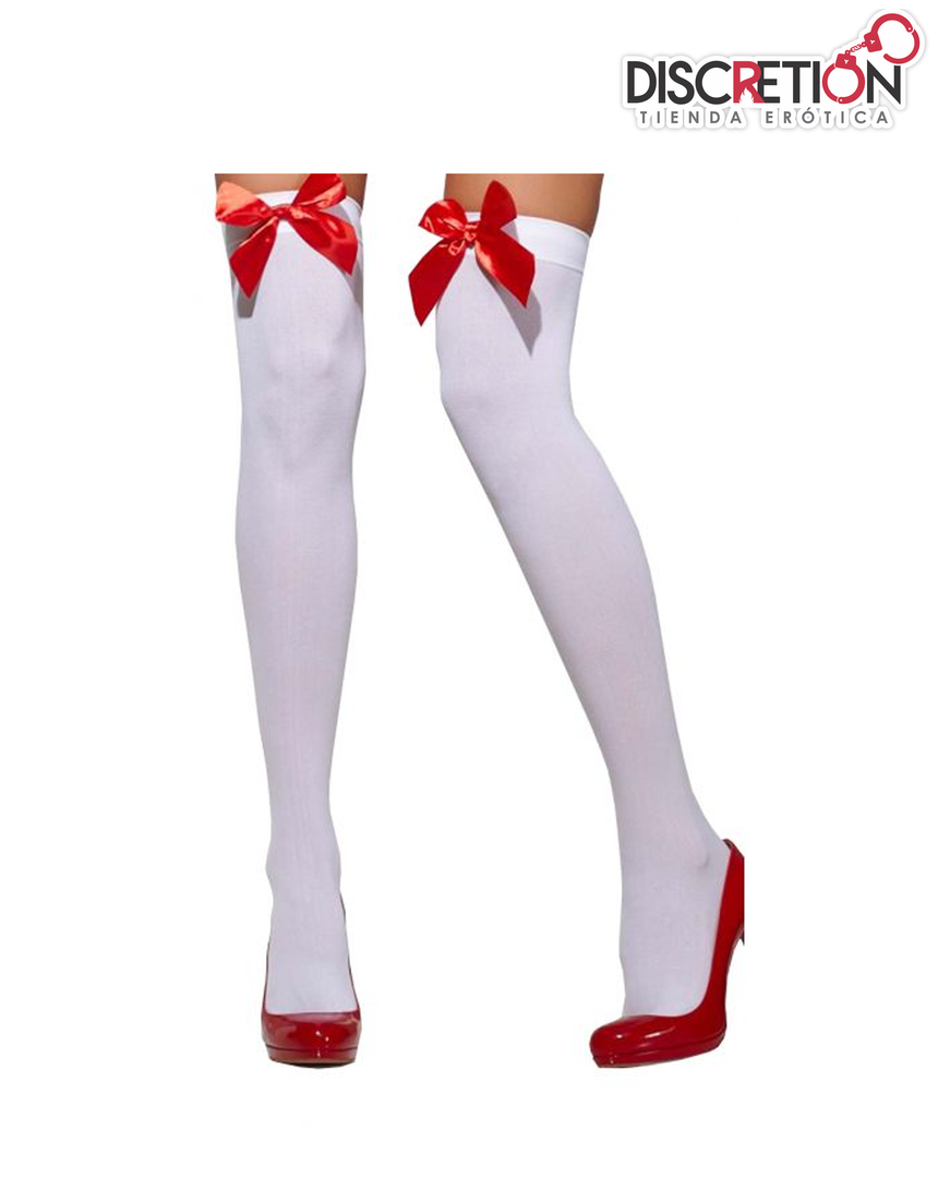 MEDIAS LIGUERO CLASICA BLANCA MOÑO ROJO