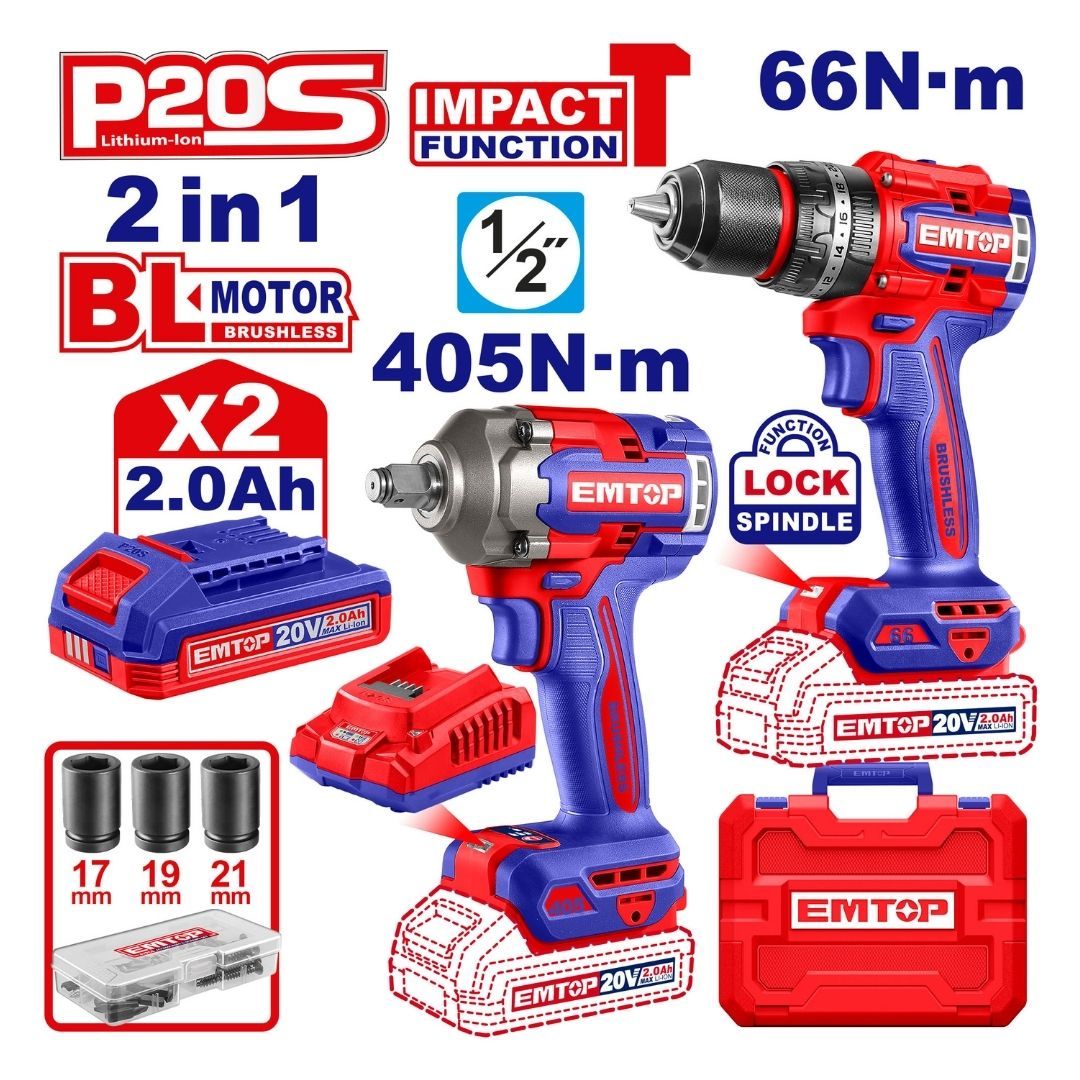 EMTOP COMBO TALADRO 1/2 PERC INALAM+LLAVE IMPACTO 1/2 405N+2BAT 2Ah+CARG+5 ACC