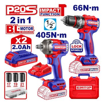 EMTOP COMBO TALADRO 1/2 PERC INALAM+LLAVE IMPACTO 1/2 405N+2BAT 2Ah+CARG+5 ACC - imagen 2