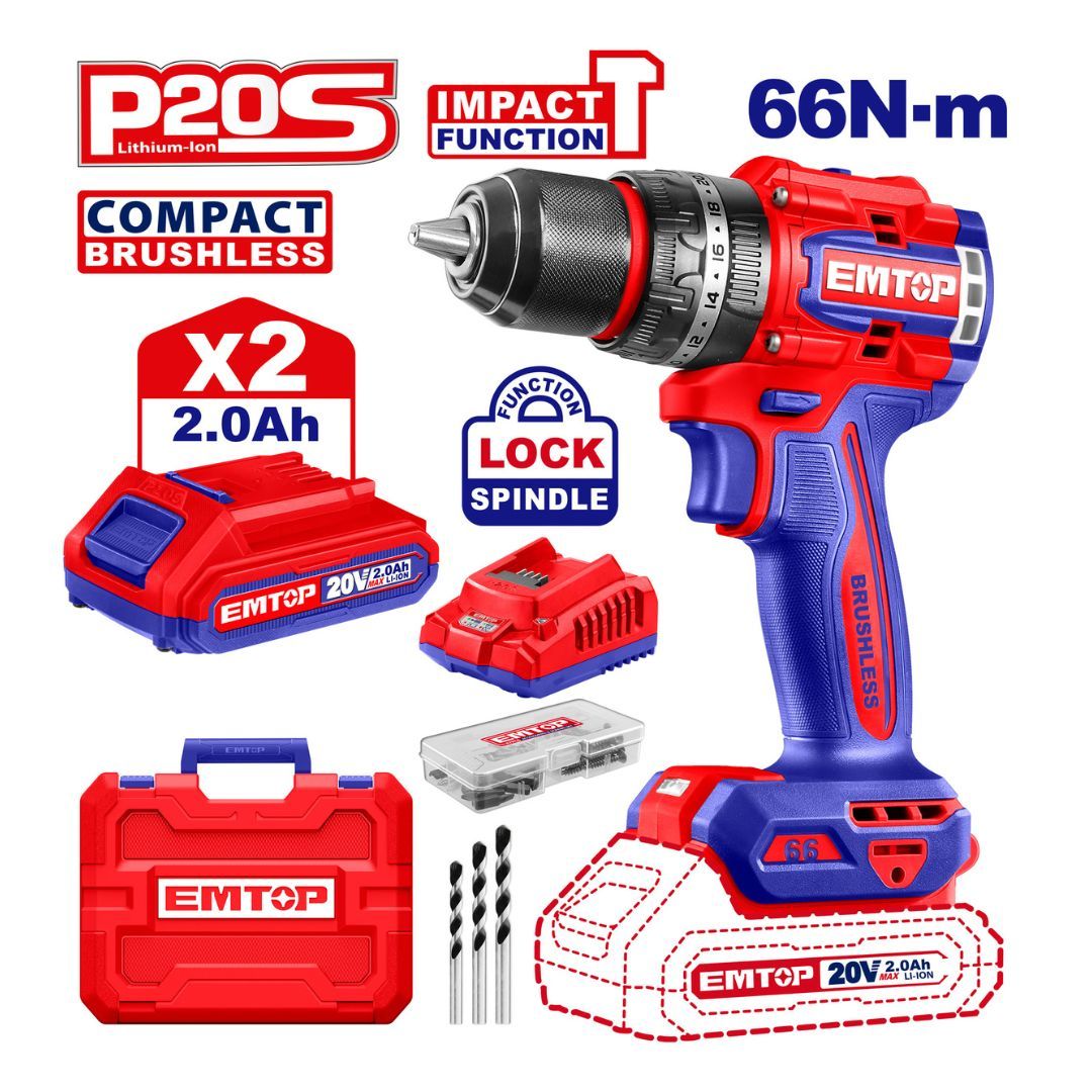 EMTOP TALADRO 1/2 BRUSHLESS PERCUTOR INALAM 20V + 2BAT 2.0Ah+CARGADOR+ KIT ACCESORIO