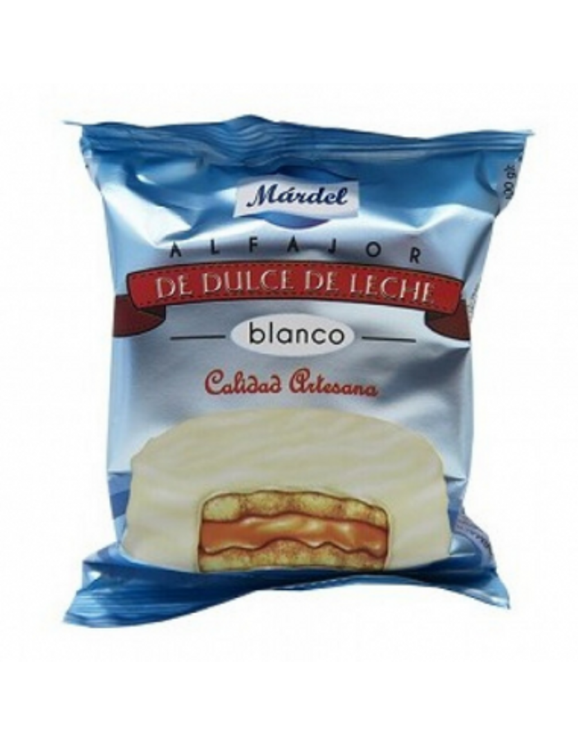 Alfajor de dulce de leche recubierto de chocolate blanco 50gr
