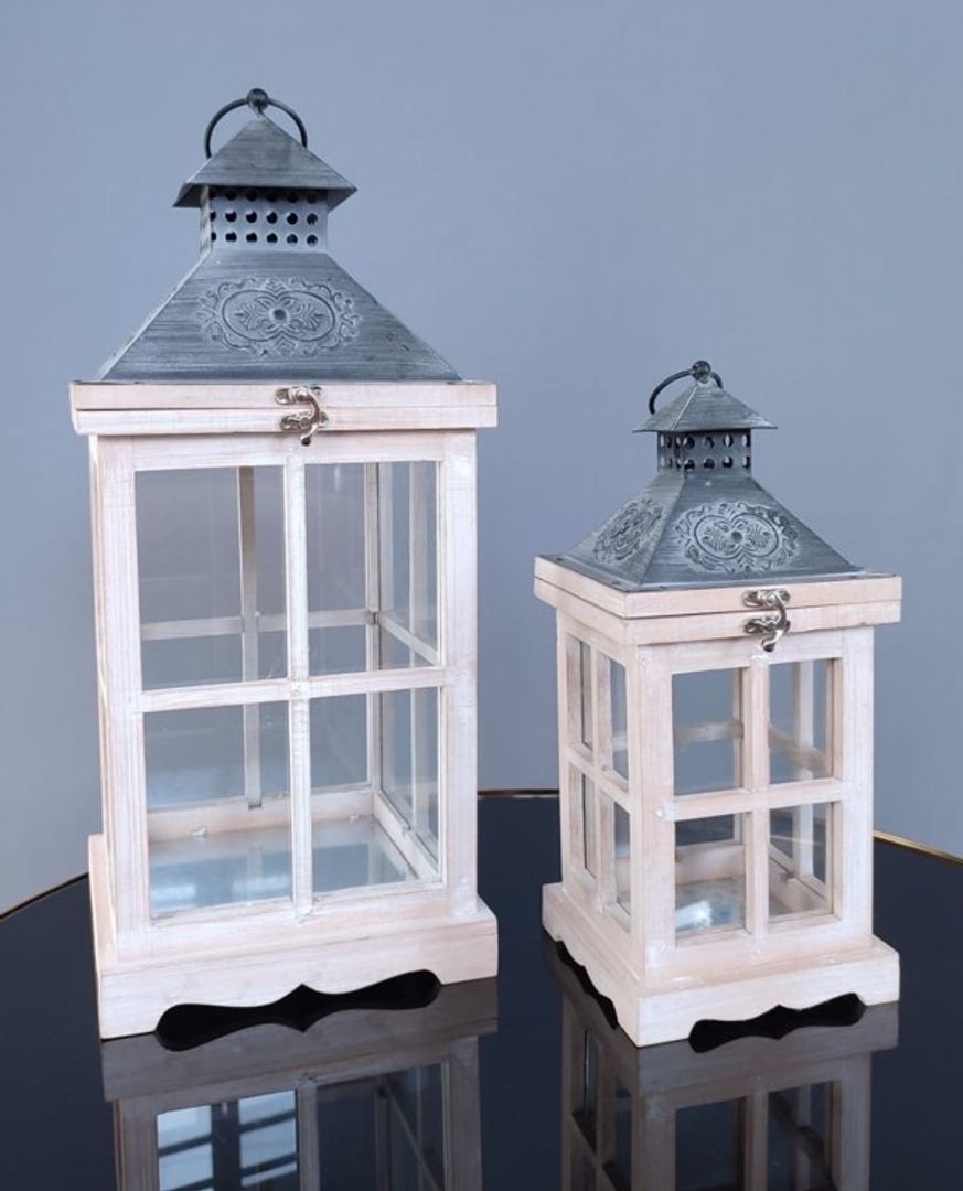 Set x2 Faroles Madera Blanca y Metal Gris