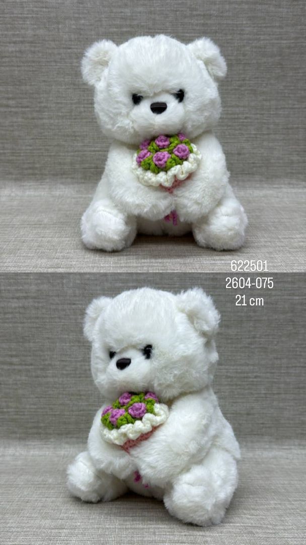 OSO BLANCO CON  RAMO LILA DE 21 CM 