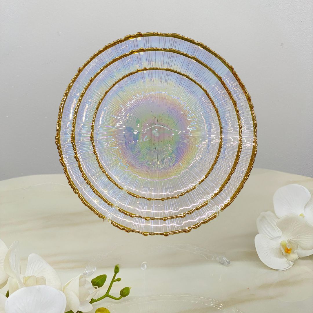 Plato Postre Cristal Tornasol borde Dorado