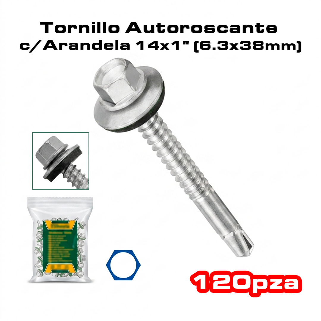 TORNILLO AUTORROSCANTE CON ARANDELA 14 X 1" 120 PIEZAS