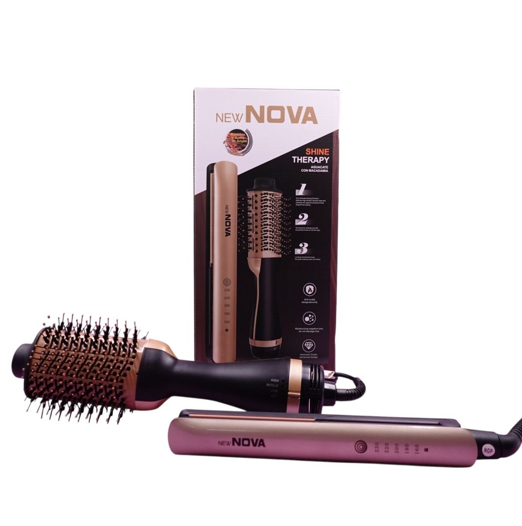 COMBO PLANCHA Y CEPILLO SECADOR KERATINA NOVA 