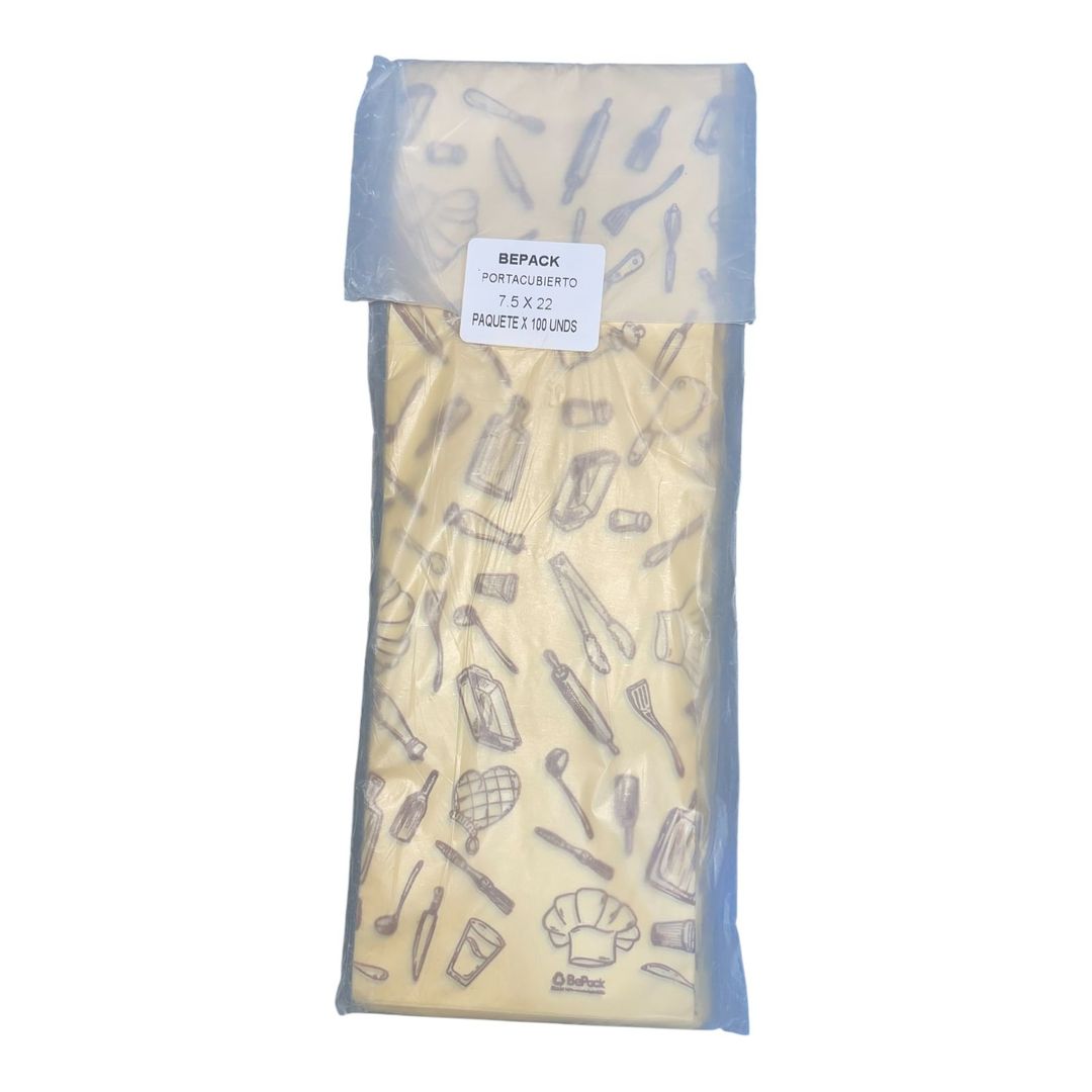 N. BOLSA PARA CUBIERTOS PLASTICA IMPRESA 7.5 X 22 CM PAQ X 100 UND 