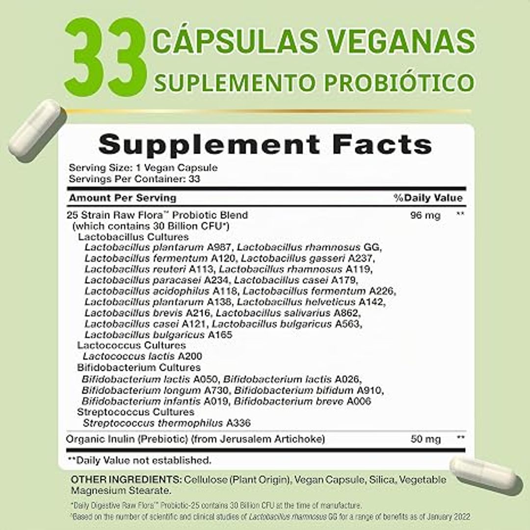 Probióticos de flora cruda con prebióticos 30 mil millones UFC 33 cáp