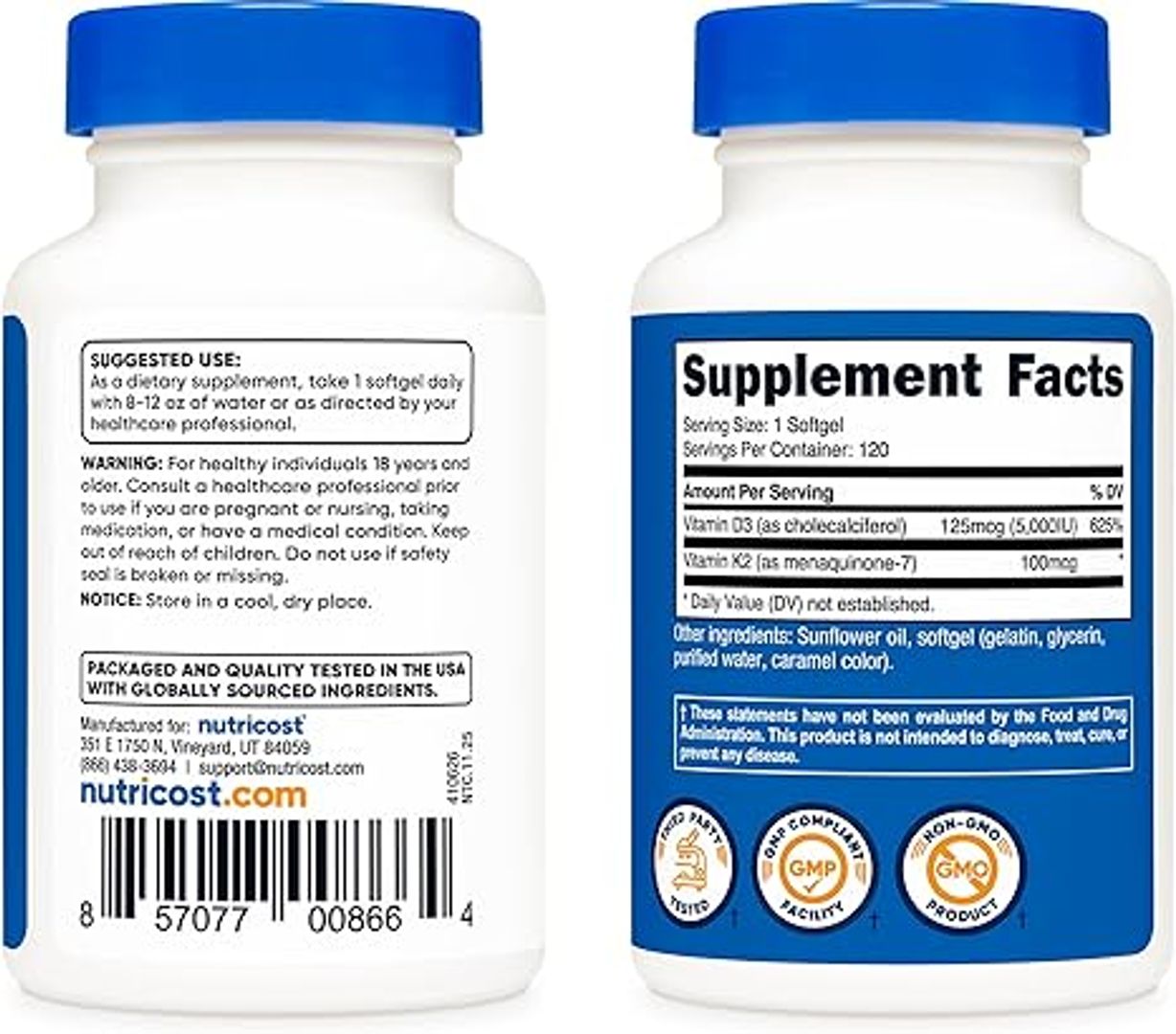Vitamina K2 MK7 100mcg + Vitamina D3 5,000 UI 120 Cao NOW
