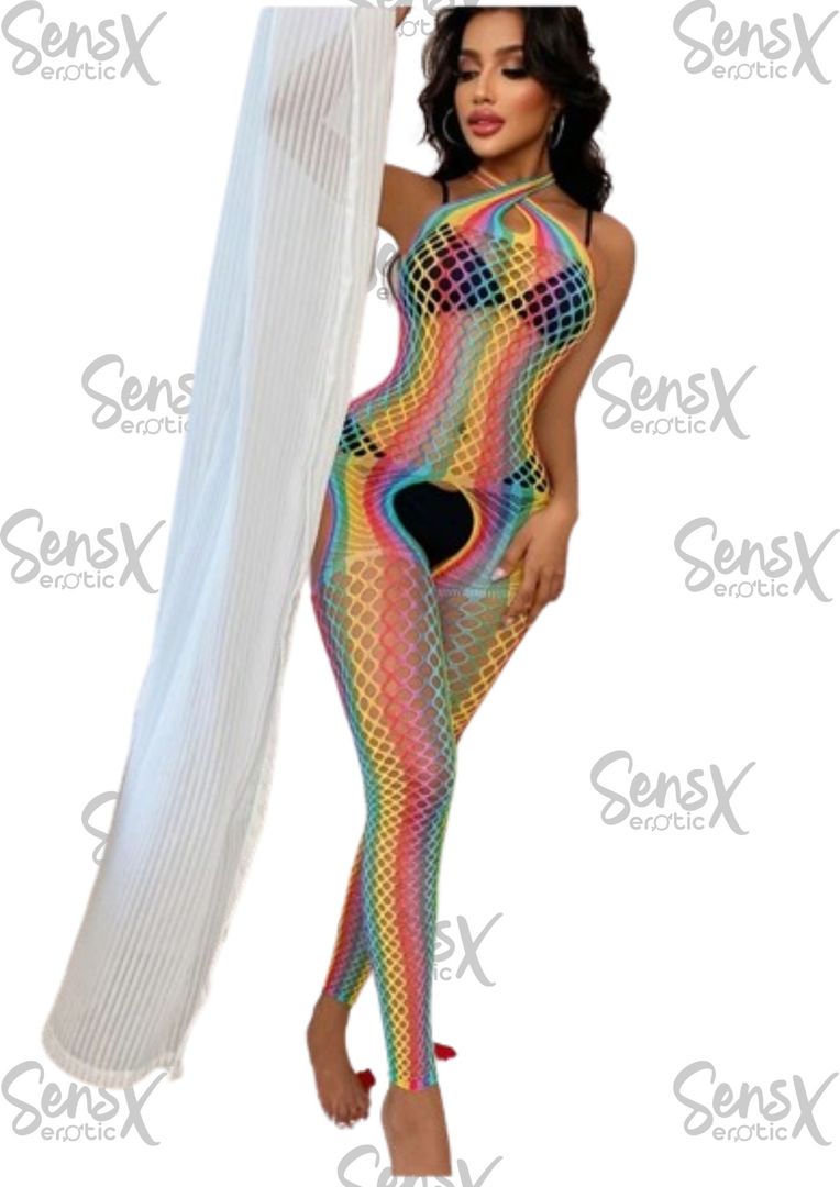 Body de Lencería Sexy Arcoíris – Medias de Malla Transparente y Diseño Atrevido