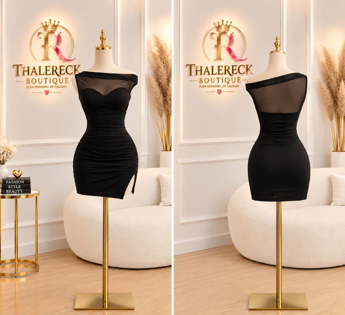 Vestido corto con malla y hombros descubierto 