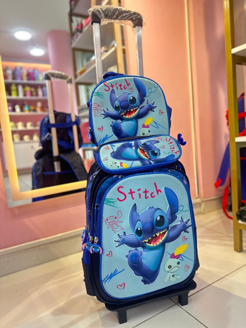 Combo escolar x3 con ruedas Stitch 
