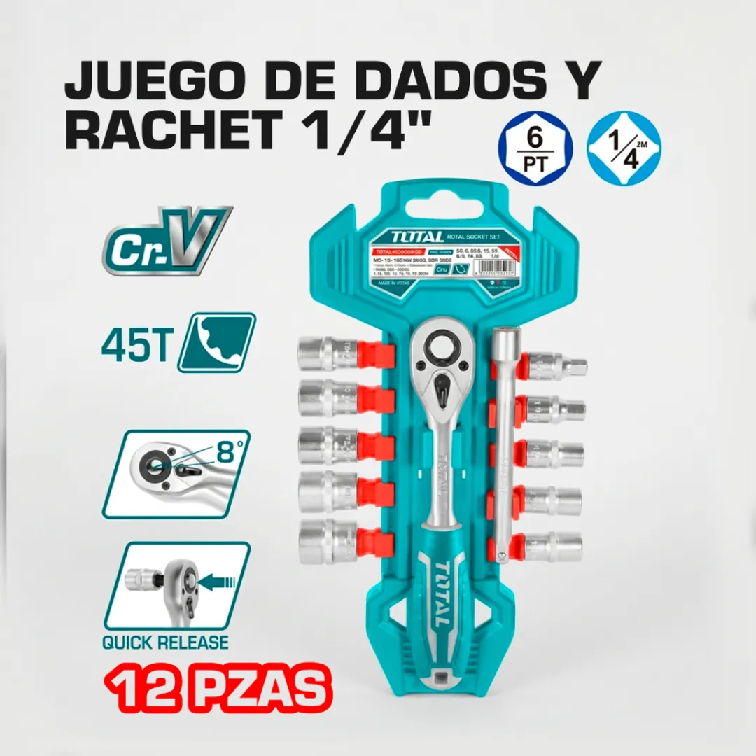 RATCHET 1/4” 12 PIEZAS + EXTENSIÓN TOTAL