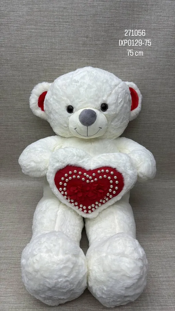 OSO BLANCO PATAS LARGAS CON CORAZON DE PERLAS  75 CM 