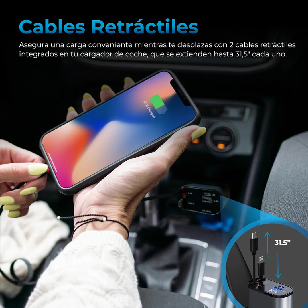 CARGADOR CELULAR CARRO 12V CABLE RETRACTIL IPHONE TIPO C